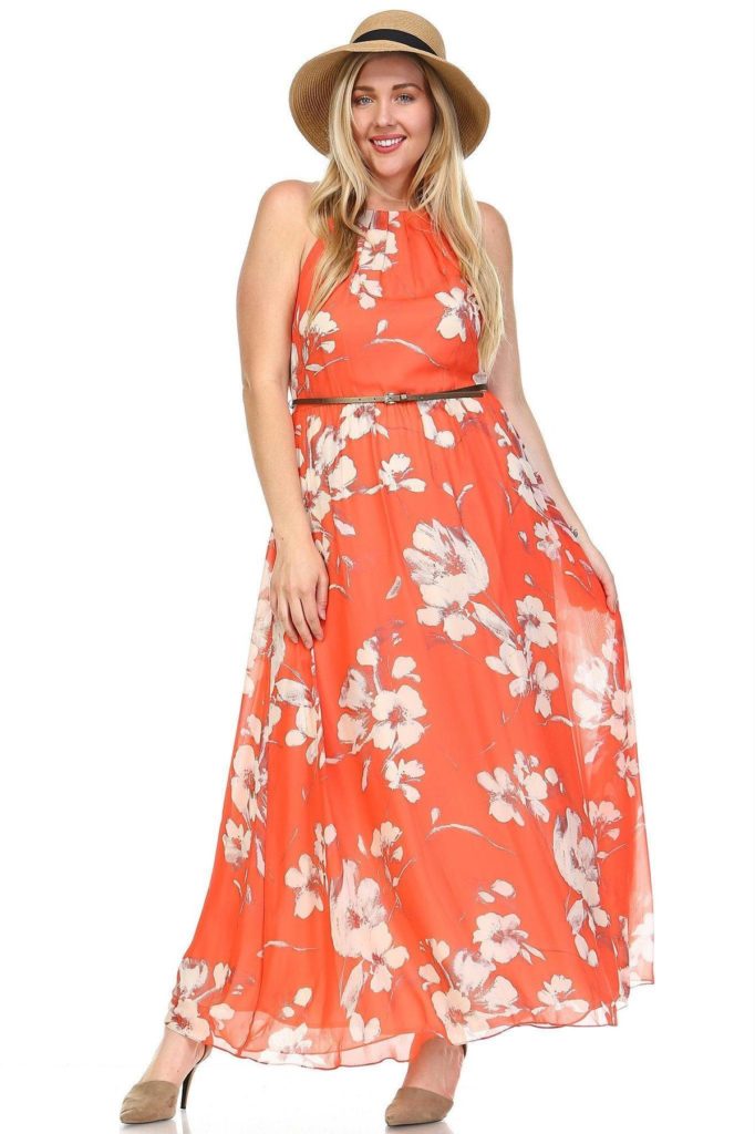 Women's Belted Floral Maxi Dress