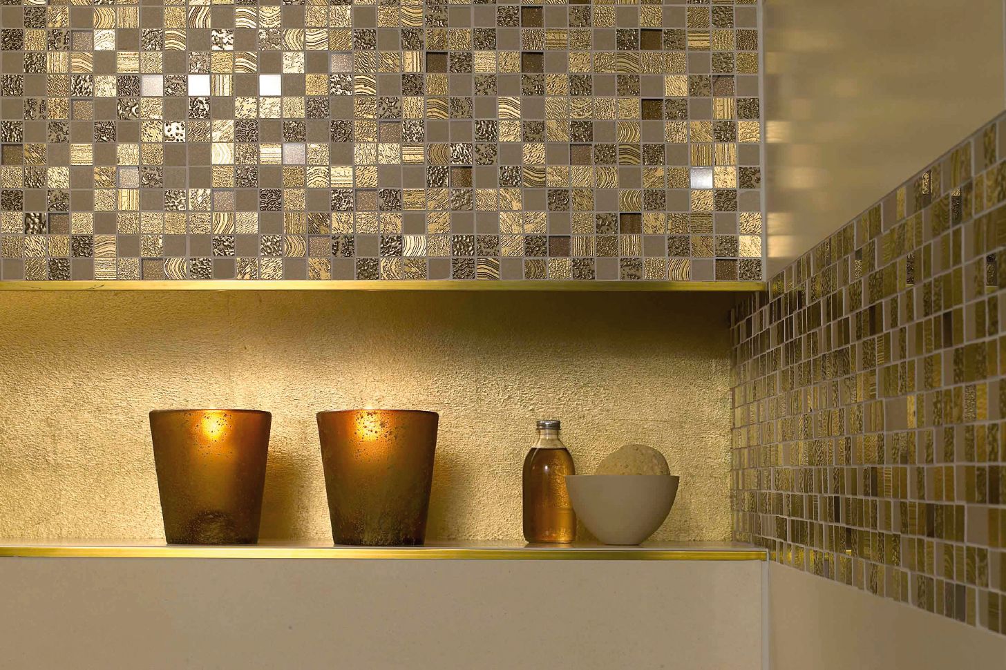 Gold: The gold grouts complement white tiles perfectly in both bathroom and...